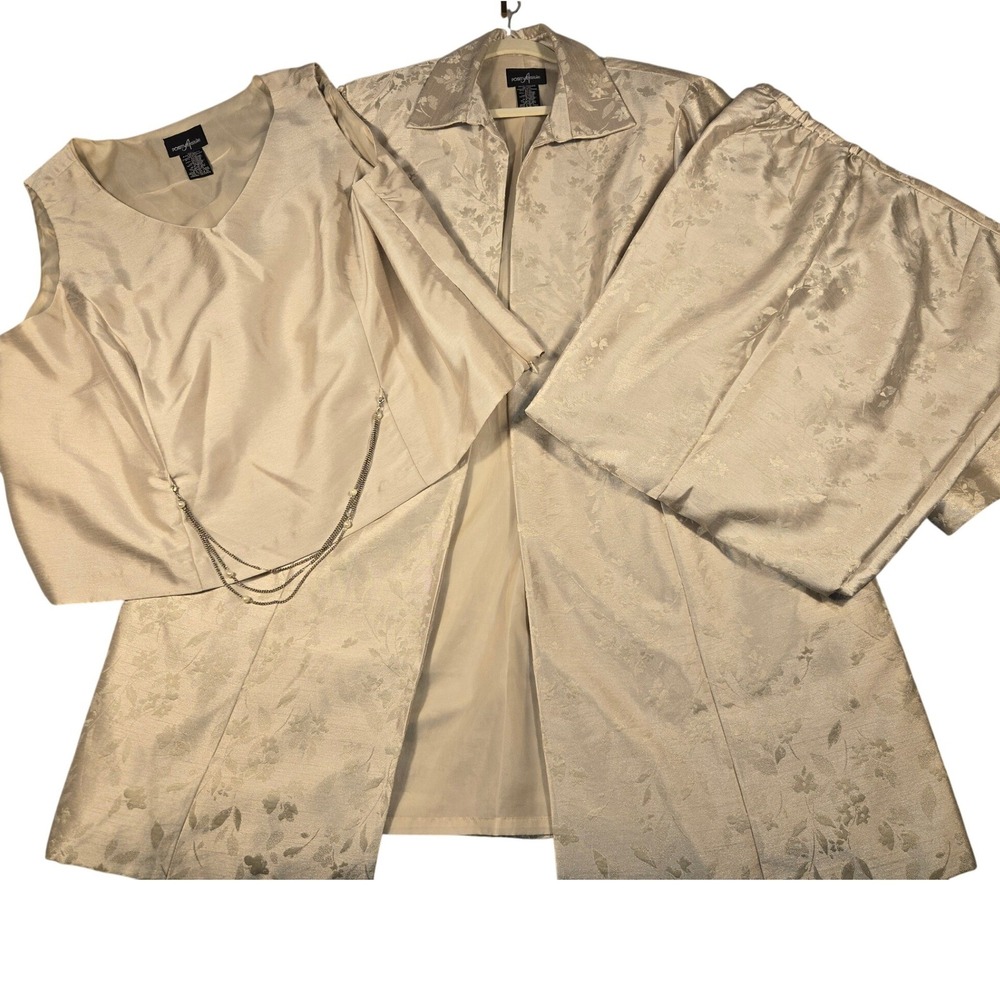 Positive Attitude Womens 3 Piece Pant Suit Set Champagne Gold Jacquard Size 20W